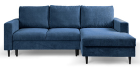Ecksofa mit Schlaffunktion Nalika L-förmig mit Stauraum, marineblaues Cord, rechtsseitig