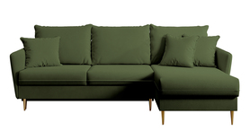 Ecksofa mit Schlaf-Funktion Volio olivgrüner Velvet, hydrophobisch, goldene Beine