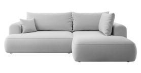Ecksofa mit Schlaffunktion Ovo L-förmig mit Armlehne und Stauraum, graues, pflegeleichtes Velours, rechtsseitig