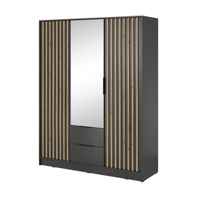 Karette dreitüriger Spiegelkleiderschrank grafit mit Lamellen aus Artisan-Eiche
