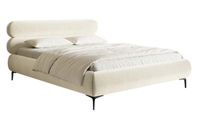 Polsterbett 160x200 cm Roule mit Stauraum, Metallrahmen, cremefarbenes, hydrophobes Velvet, schwarze Beine