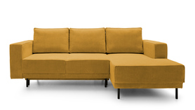 Ecksofa mit Schlaffunktion Rodario mini senfgelb mit Stauraum, rechtsseitig aus Cord.
