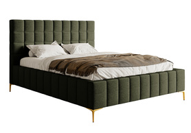 Polsterbett 180x200 cm Szejlo mit Stauraum, Metallgestell, olivfarbenes Chenille