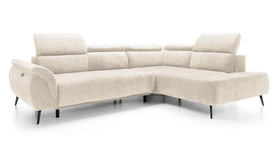 Ecksofa mit Schlafunktion Mamutio L-förmig mit Armlehne und elektrisch ausziehbarem Sitz in hellbeigem Chenille, rechtsseitig.
