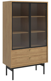 Niedrige Vitrine Olar 85 cm mit drei Regalen und zwei Schubladen aus natürlichem Hikora