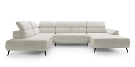 Ecksofa mit Schlaffunktion Mamutio U-Form mit elektrisch ausziehbarem Sitz und verstellbaren Kopfstützen in cremigem Chenille, linksseitig.