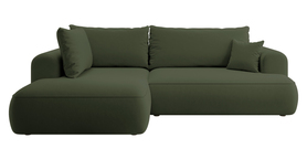 Ecksofa mit Schlaffunktion Ovo L-förmig mit Armlehne und Stauraum, olivgrüner, leicht zu reinigender Velours, linksseitig.
