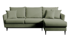 Ecksofa mit Schlaffunktion Volio in salbeigrünem, hydrophobischem Velvet, schwarze Beine