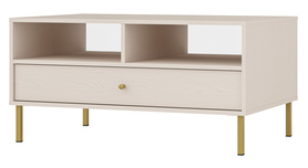 Kaffeetisch Oktio mit Schublade und Regalen 100 cm sandbeige auf goldenen Beinen
