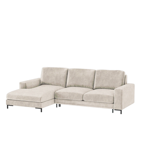 Ecksofa mit Schlaffunktion Mokpeo L-förmig mit zwei Stauraum auf schwarzen Füßen hellbeige in einem pflegeleichten Stoff linksseitig
