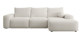 Ecksofa mit Schlaffunktion Carnos L-förmig mit Ball, einzelne Kissen in cremefarbenem hydrophobem Chenille, rechtsseitig.