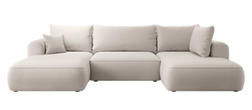 Ecksofa mit Schlaffunktion Ovo U-förmig mit Stauraum cremefarbener Velours pflegeleicht rechtsseitig