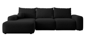 Ecksofa mit Schlaffunktion Carnos L-förmig mit Ball, einzelne Kissen aus schwarzem hydrophobem Chenille, linke Seite
