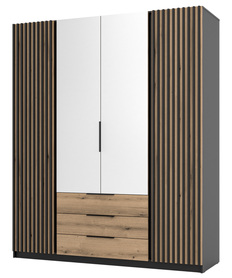 Kaja Kleiderschrank mit vier Türen, Lamellen, Spiegel und drei Schubladen, 200 cm Eiche Evoke/schwarz