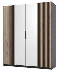 Kaja Kleiderschrank mit vier Türen, außen mit Lamellen und einem Spiegel, 200 cm, schwarz