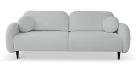 Schlafsofa Bafra mit Schlaffunktion und Bettkasten in hellgrauem Cord.