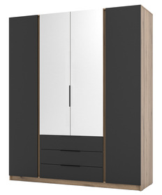Kaja Kleiderschrank mit vier Türen, einem Spiegel und drei Schubladen, 200 cm, schwarz Eiche/Evoke Eiche