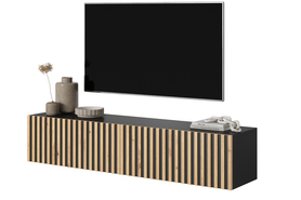TV-Schrank Telire 140 cm Schwarz mit lamellenartiger Eiche-Front