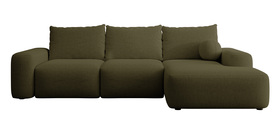 Ecksofa mit Schlaffunktion Carnos L-förmig mit Ball, einzelne Kissen olivgrüner hydrophober Chenille rechtsseitig