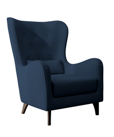 Sessel Calmino in blauen Samt mit Wenge-Füßen