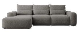 Ecksofa mit Schlaffunktion Carnos L-förmig mit zusätzlichen Lendenkissen in dunkelgrauem hydrophobem Chenille, linksseitig.