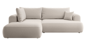 Ecksofa mit Schlafunktion Ovo L-förmig mit Armlehne und Stauraum, cremefarbener, leicht zu reinigender Velours, linksseitig