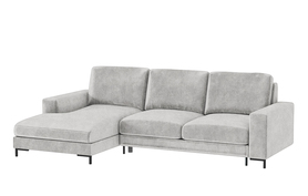 Ecksofa mit Schlaffunktion Mokpeo L-förmig mit zwei Stauraumfächern auf schwarzen Füßen beige aus pflegeleichtem Stoff linksseitig
