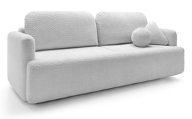 Schlafsofa für drei Personen Lambina mit Stauraum in hellgrauem Boucle.