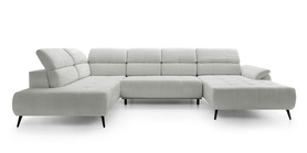 Ecksofa mit Schlaf-Funktion Mamutio U-förmig mit elektrisch ausziehbarem Sitz und verstellbaren Kopfstützen in hellgrauem Chenille, linksseitig.
