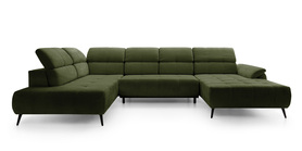 Ecksofa mit Schlaffunktion Mamutio U-förmig mit elektrisch ausziehbarem Sitz und verstellbaren Kopfstützen in olivgrünem Chenille, linksseitig.