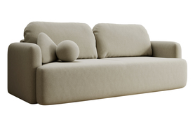 Schlafsofa für drei Personen Lambina mit Stauraum, beige, aus pflegeleichtem Velours.