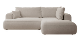 Ecksofa mit Schlaffunktion Ovo L-förmig mit Armlehne und Stauraum in dunkelbeigem Boucle, rechtsseitig.