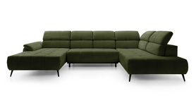 Ecksofa mit Schlaffunktion Mamutio U-förmig mit elektrisch ausziehbarem Sitz und verstellbaren Kopfstützen in olivgrünem Chenille rechtsseitig