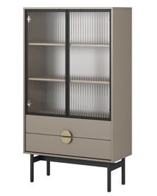 Niedrige Stoon-Vitrine 85 cm mit drei Regalen und zwei Schubladen Beige/Cappuccino