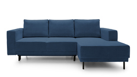 Ecksofa mit Schlafunktion Rodario mini in marineblau mit Stauraum, rechtsseitig aus Cord.