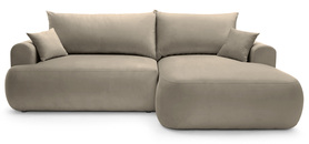 Ecksofa mit Schlaffunktion Ovo L-förmig rechtsseitig mit Stauraum, grau-beige, pflegeleichter Velvet