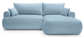 Ecksofa mit Schlaffunktion Ovo L-förmig rechtsseitig mit Stauraum, himmelblaues hydrophobes Velours