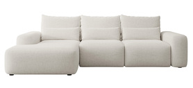 Ecksofa mit Schlaffunktion Carnos L-förmig mit zusätzlichen Lendenkissen kremfarbener hydrophober Chenille linksseitig