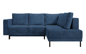 Ecksofa Rodario mit Schlaffunktion und Bettkasten, blauer Cordstoff, rechtsseitig.