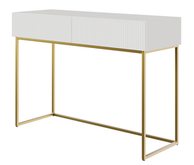 Kosmetiktisch Veldio mit gefräster Front und zwei Schubladen 110 cm Weiß mit goldenen Beinen