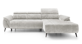 Ecksofa mit Schlaffunktion Mamutio L-förmig mit elektrisch ausziehbarem Sitz und verstellbaren Kopfstützen in hellgrauem Chenille, rechtsseitig.
